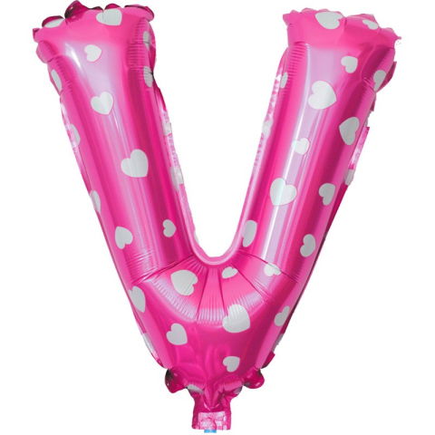 Litere - Balon Folie Metalizata Litera V, Flippy, 40 cm, Cu Imprimeu Inimioare, Umflati cu Heliu sau Aer, Ambalaj Individual, Pai inclus, Roz