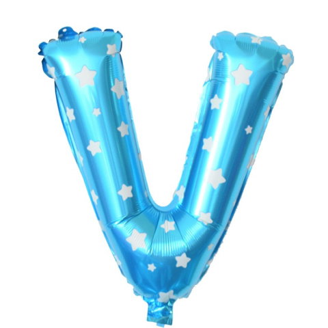 Litere - Balon Folie Metalizata Litera V, Flippy, 40 cm, Cu Imprimeu Stelute, Umflati cu Heliu sau Aer, Ambalaj Individual, Pai inclus, Albastru