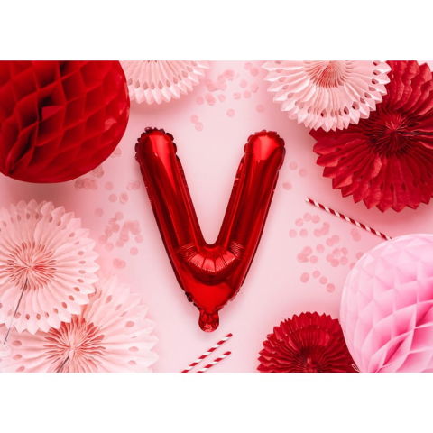 Litere - Balon Folie Metalizata Litera V, Flippy, 40 cm, Umflati cu Heliu sau Aer, Ambalaj Individual, Pai inclus, Rosu