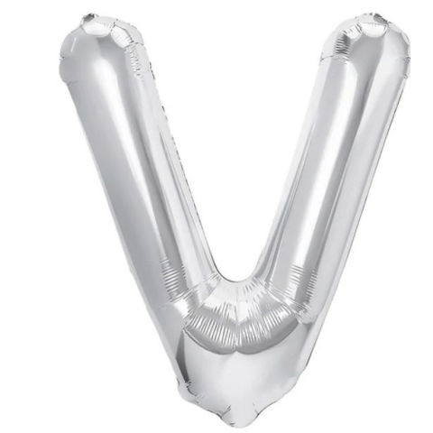 Litere - Balon Folie Metalizata Litera V, Flippy, 80 cm, Umflati cu Heliu sau Aer, Ambalaj Individual, Pai inclus, Argintiu