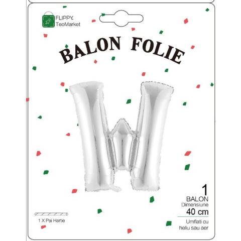 Litere - Balon Folie Metalizata Litera W, Flippy, 40 cm, Umflati cu Heliu sau Aer, Ambalaj Individual, Pai inclus, Argintiu