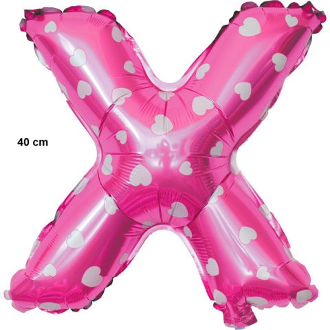 Petrecere - Balon Folie Metalizata Litera X, Flippy, 40 cm, Cu Imprimeu Inimioare, Umflati cu Heliu sau Aer, Ambalaj Individual, Pai inclus, Roz
