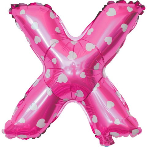 Petrecere - Balon Folie Metalizata Litera X, Flippy, 40 cm, Cu Imprimeu Inimioare, Umflati cu Heliu sau Aer, Ambalaj Individual, Pai inclus, Roz