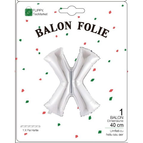 Litere - Balon Folie Metalizata Litera X, Flippy, 40 cm, Umflati cu Heliu sau Aer, Ambalaj Individual, Pai inclus, Argintiu