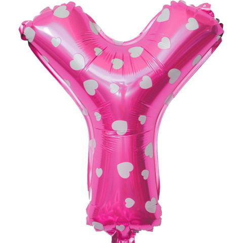 Petrecere - Balon Folie Metalizata Litera Y, Flippy, 40 cm, Cu Imprimeu Inimioare, Umflati cu Heliu sau Aer, Ambalaj Individual, Pai inclus, Roz