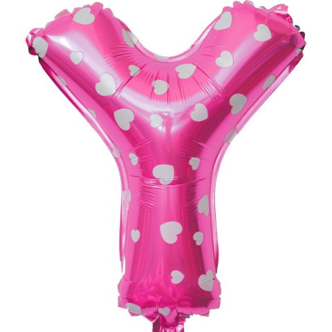 Litere - Balon Folie Metalizata Litera Y, Flippy, 40 cm, Cu Imprimeu Inimioare, Umflati cu Heliu sau Aer, Ambalaj Individual, Pai inclus, Roz