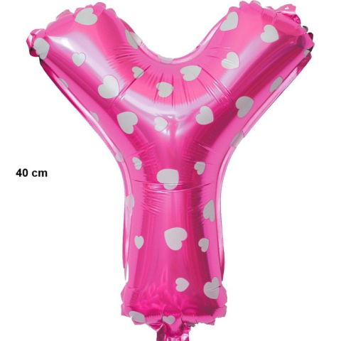 Litere - Balon Folie Metalizata Litera Y, Flippy, 40 cm, Cu Imprimeu Inimioare, Umflati cu Heliu sau Aer, Ambalaj Individual, Pai inclus, Roz