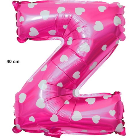 Petrecere - Balon Folie Metalizata Litera Z, Flippy, 40 cm, Cu Imprimeu Inimioare, Umflati cu Heliu sau Aer, Ambalaj Individual, Pai inclus, Roz