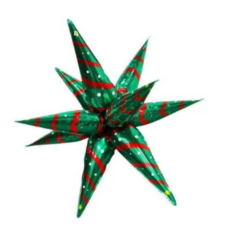 Baloane Folie - Balon Stea, Flippy, din Folie de Aluminiu, Tema Craciun, 12 Varfuri, 65 x 23 cm, Verde/Rosu