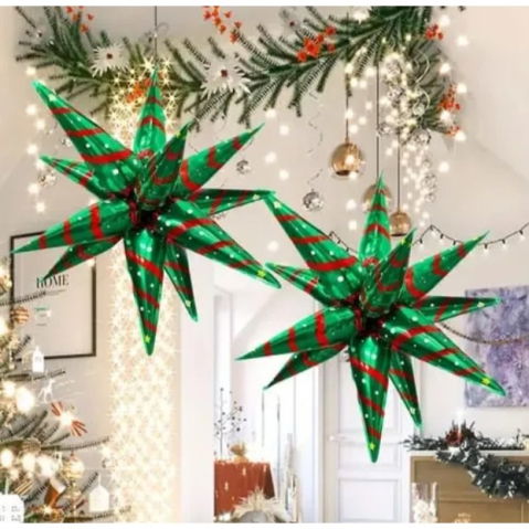 Baloane Folie - Balon Stea, Flippy, din Folie de Aluminiu, Tema Craciun, 12 Varfuri, 65 x 23 cm, Verde/Rosu