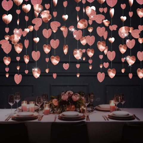 Petrecere - Banner cu Inimioare, Flippy, Tip Franjuri, 4 m, Rola de Ata Inclusa, Roz cu Sclipici