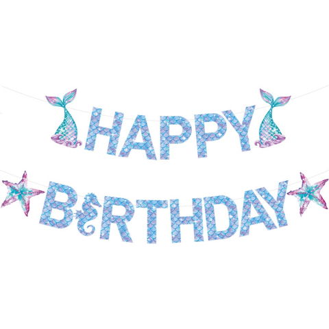 Accesorii Petrecere - Banner Happy Birthday Sirena, Flippy, Colectia Mermaid, 17 Piese, Multicolor