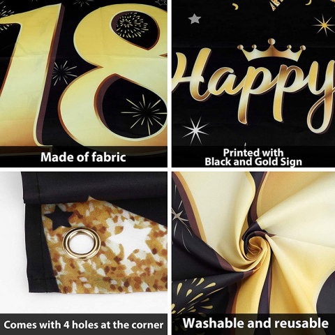 TeoMarket - Banner pentru Petrecere, Flippy, Model Happy Birthday, Tematica Majorat, Aniversare 18 Ani, 185x90 cm, Negru