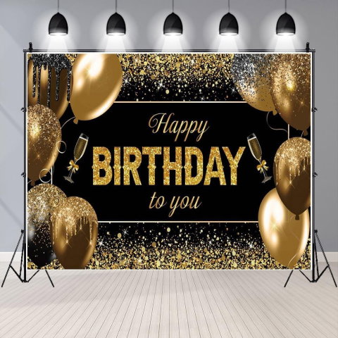 TeoMarket - Banner Tip Fundal pentru Poze, Flippy, din Panza, 185 x 110 cm, Sfoara 6 m, Prindere in 4 Colturi, Happy Birthday to You, Negru/Auriu