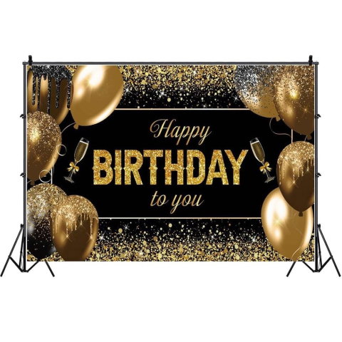 TeoMarket - Banner Tip Fundal pentru Poze, Flippy, din Panza, 185 x 110 cm, Sfoara 6 m, Prindere in 4 Colturi, Happy Birthday to You, Negru/Auriu