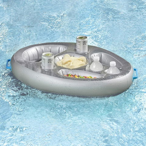 Colace si Piscine - Bar gonflabil/Suport de pahare plutitor, Flippy, cu 8 compartimente, pompa inclusa, PVC, Gri, 25x18,5x4 cm