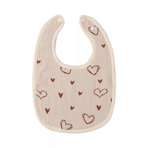 Articole Diverse copii - Baveta in Forma de U, Flippy, din Bumbac, pentru Copii 0-12 Luni, Rezistenta la Apa, cu Capse, Model cu Inimoare, 21x30 cm, Bej