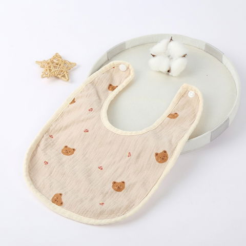 Articole Diverse copii - Baveta in Forma de U, Flippy, din Bumbac, pentru Copii 0-12 Luni, Rezistenta la Apa, cu Capse, Model cu Ursuleti, 21x30 cm, Bej