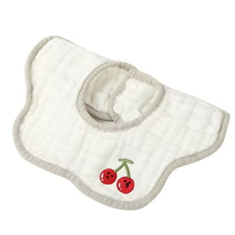 Articole Diverse copii - Baveta Tip Floare, Flippy, din Bumbac, pentru Copii 0-12 Luni, Rezistenta la apa, 8 Straturi, Model Tricotat cu Cirese, 26 x 29 cm, Alb