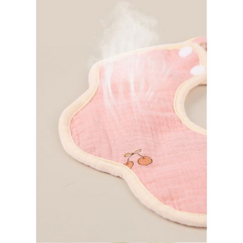 Articole Diverse copii - Baveta Tip Floare, Flippy, din Bumbac, pentru Copii 0-12 Luni, Rezistenta la apa, cu Capse, Model cu Cirese, 26 x 29 cm, Roz