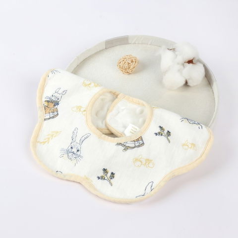 Articole Diverse copii - Baveta Tip Floare, Flippy, din Bumbac, pentru Copii 0-12 Luni, Rezistenta la apa, cu Capse, Model cu Iepurasi, 26 x 29 cm, Alb