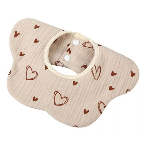 Articole Diverse copii - Baveta Tip Floare, Flippy, din Bumbac, pentru Copii 0-12 Luni, Rezistenta la apa, cu Capse, Model cu Inimioare, 26 x 29 cm, Crem