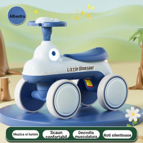 Masinute, Triciclete si Masinute Electrice - Bicicleta Pentru Copii, Flippy, Fara Pedale, Cu Patru Roti, Din Plastic Rezistent, Fara BPA, Cu Muzica Si Lumini, Model Dinozaur, 50x27x40 Cm, Albastru