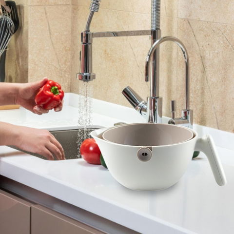 50 - 100 LEI - Bol cu Doua Straturi, Flippy, pentru Fructe, Legume, cu Cos de Scurgere a Apei, 2L, din ABS+PP, 29.9 x 22.5 x 11.8 cm, Alb - Gri