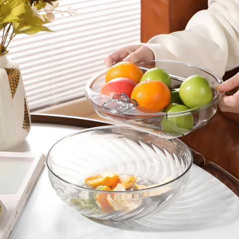 Veselă pentru Masă - Bol cu Doua Straturi, Flippy, pentru Fructe, Legume, Snacks, cu Strat de Scurgere a Apei, Suport pentru Telefonul Mobil, 22.4x9 cm, Transparent