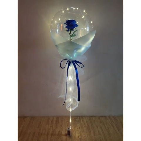 Accesorii Petrecere - Buchet Decorativ, Flippy, Trandafir in Balon cu Lumini Led, Diametru 35 cm, 2 x Baterii AA (neincluse), Albastru/Alb