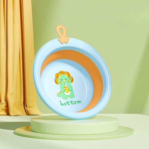 Pentru casa - Cada Pliabila pentru Baie pentru Copii, Flippy, Cadita pentru Bebelusi, Model Rotund cu Dinozaur, Blue, 30x30x3.7 cm, 4L