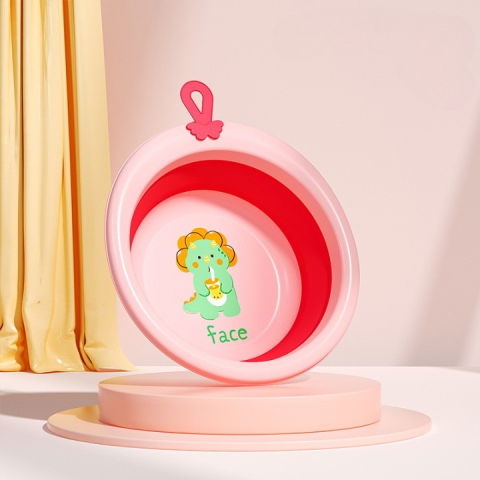 Pentru casa - Cada Pliabila pentru Baie pentru Copii, Flippy, Cadita pentru Bebelusi, Model Rotund cu Dinozaur, Roz, 30x30x3.7 cm, 4L