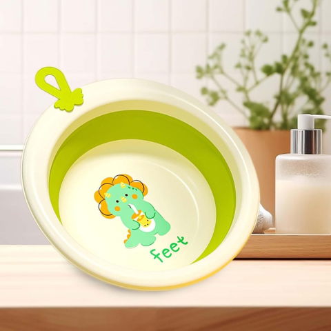 Pentru casa - Cada Pliabila pentru Baie pentru Copii, Flippy, Cadita pentru Bebelusi, Model Rotund cu Dinozaur, Verde, 30x30x3.7 cm, 4L