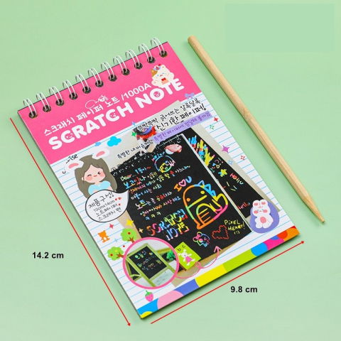 Carnetele Razuibile - Caiet cu fise razuibile Flippy, DIY Magic Scratch, 12 File, Curcubeu, Creion din Lemn, Cartonase negre, 14.2 x 9.8 cm, Roz deschis