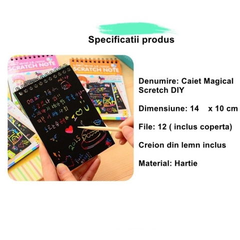 Carnetele Razuibile - Caiet cu fise razuibile Flippy, DIY Magic Scratch, 12 File, Curcubeu, Creion din Lemn, Cartonase negre, 14 x 10 cm, rosu