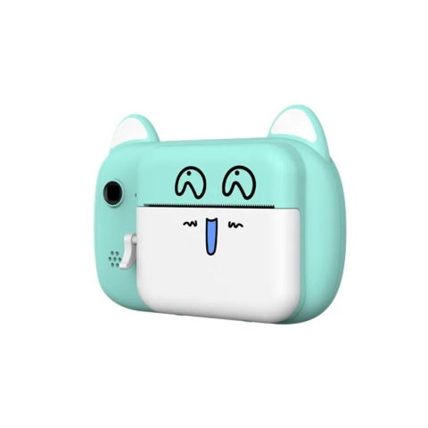 Jucarii si Jocuri - Camera Instantanee pentru Copii, Flippy, Camera Frontala + Selfie, cu Functie de Printare, Cablu USB-C, Bluetooth, Compatibil iOS/Android, Imprimare APP, Model Pisica Smiley Face, Verde