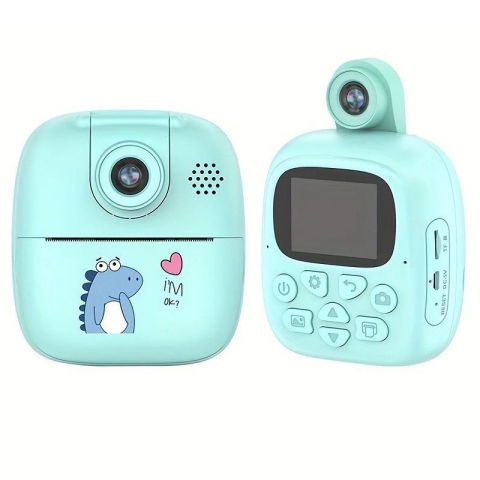 Jucarii si Jocuri - Camera Instantanee pentru Copii, Flippy, Camera Frontala + Selfie, cu Functie de Printare, Cablu USB-C, Bluetooth, Compatibil iOS/Android, Imprimare APP, Model Dino, Albastru