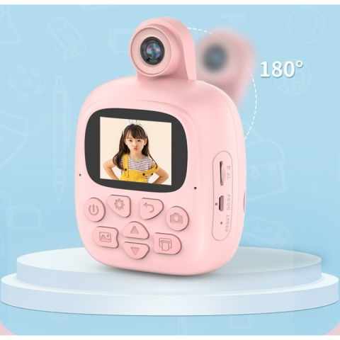 Jucarii si Jocuri - Camera Instantanee pentru Copii, Flippy, Camera Frontala + Selfie, cu Functie de Printare, Cablu USB-C, Bluetooth, Compatibil iOS/Android, Imprimare APP, Model Bunny, Roz