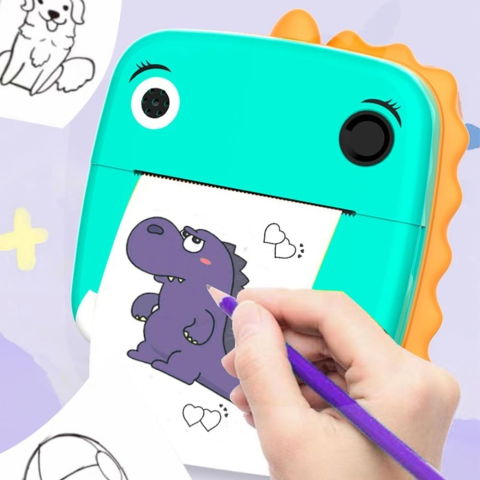 Jucarii si Jocuri - Camera Instantanee pentru Copii, Flippy, Camera Frontala + Selfie, cu Functie de Printare, Cablu USB-C, Bluetooth, Compatibil iOS/Android, Model Dinozaur, Snur Inclus, Verde