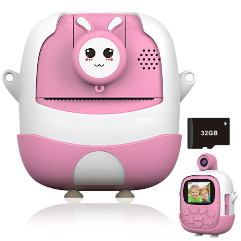 Jucarii si Jocuri - Camera Instantanee pentru Copii, Flippy, cu Functie de Printare, Cablu USB-C, Bluetooth, Compatibil iOS/Android, Camera Frontala + Selfie, Model Iepure, Snur Inclus, Roz