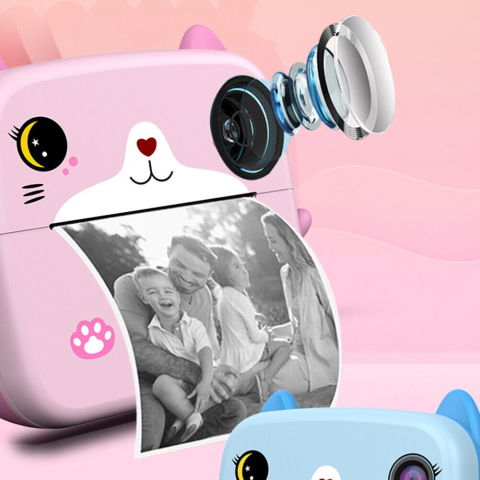 Jucarii si Jocuri - Camera Instantanee pentru Copii, Flippy, cu Functie de Printare, Camera Frontala + Selfie, Cablu USB-C, Bluetooth, Compatibil iOS/Android, Imprimare APP, Model Pisica, Roz