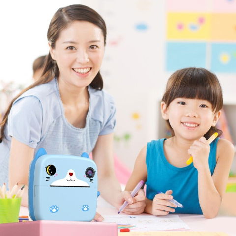 Jucarii si Jocuri - Camera Instantanee pentru Copii, Flippy, cu Functie de Printare, Camera Frontala + Selfie, Cablu USB-C, Bluetooth, Compatibil iOS/Android, Imprimare APP, Model Pisica, Albastru