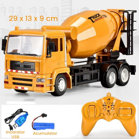 Jucarii pentru copii - Camion Betoniera Jucarie pentru Copii, Flippy, Jucarie Camion Betoniera cu Telecomanda, Jucarie de Constructie, Acumulator cu Incarcare USB, 29 x 13 x 9 cm, Galben