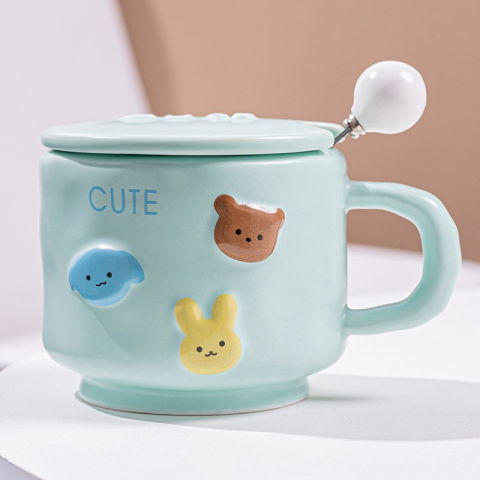 Veselă pentru Masă - Cana ceramica, Flippy, din Portelan, print Figurine Animalute, Cana penru Copii, Model CUTE, Cana cu Lingura si Capac, Ceasca pentru Cafea, Ceai, 400ml Albastru