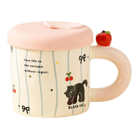 Veselă pentru Masă - Cana din Ceramica cu Capac si Pai, Flippy, Capacul si Paiul din Silicon Roz, 9x8.5 cm, Model Cute A, Capacitate 380ml