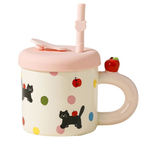Veselă pentru Masă - Cana din Ceramica cu Capac si Pai, Flippy, Capacul si Paiul din Silicon Roz, 9x8.5 cm, Model Cute B, Capacitate 380ml