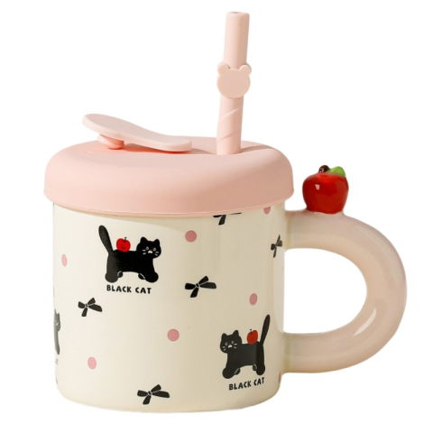 Veselă pentru Masă - Cana din Ceramica cu Capac si Pai, Flippy, Capacul si Paiul din Silicon Roz, 9x8.5 cm, Model Cute C, Capacitate 380ml