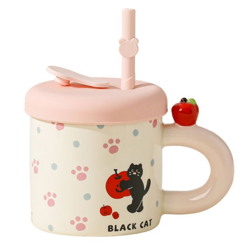 Veselă pentru Masă - Cana din Ceramica cu Capac si Pai, Flippy, Capacul si Paiul din Silicon Roz, 9x8.5 cm, Model Cute D, Capacitate 380ml