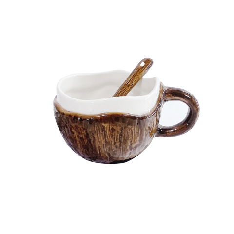Veselă pentru Masă - Cana din Ceramica, Flippy, 201-300 ml, cu Lingurita, Model Nuca de Cocos, Maro