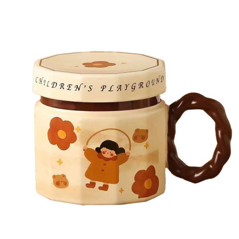 Veselă pentru Masă - Cana din ceramica, Flippy, Cana pentru Cafea, Ceai, Cana Universala, Unisex, Cana cu Capac, 9 x 8 x 8 cm, 400 ml, Model Fetita cu Coarda, Bej